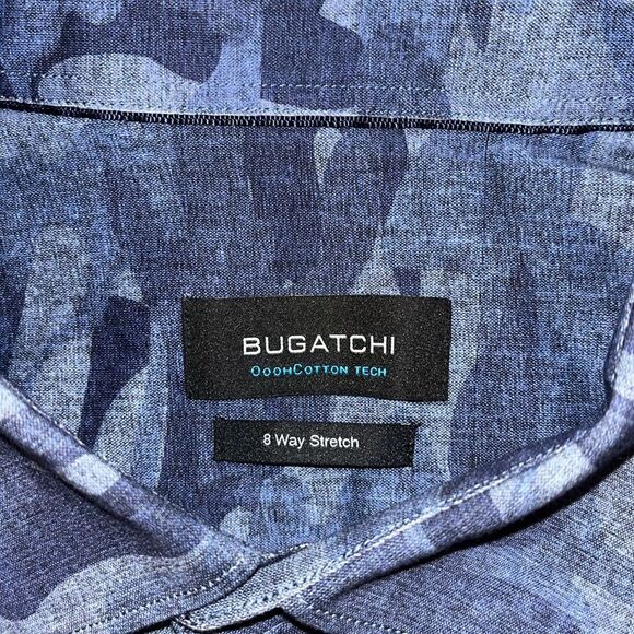 Bugatchi Blue Camouflage Flower Print Cotton Stretch SS Summer Shirt XL Slim (L) - Picture 3 of 6